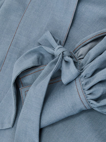 Denim-Look Tie-Neck Blouse in Light Blue