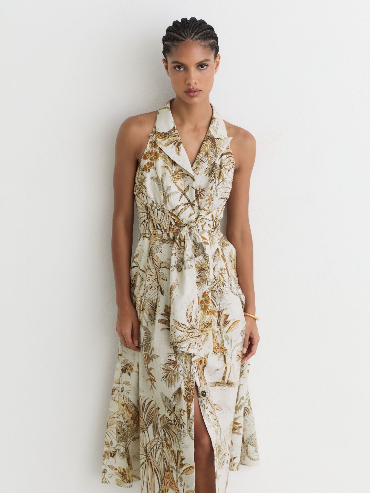 Cotton Safari-Print Tailored Midi Dress in Neutral