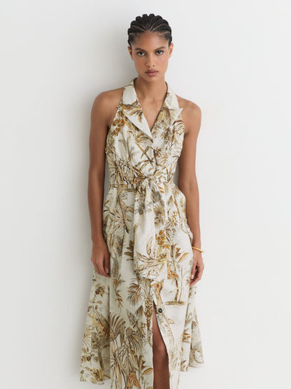 Cotton Safari-Print Tailored Midi Dress in Neutral
