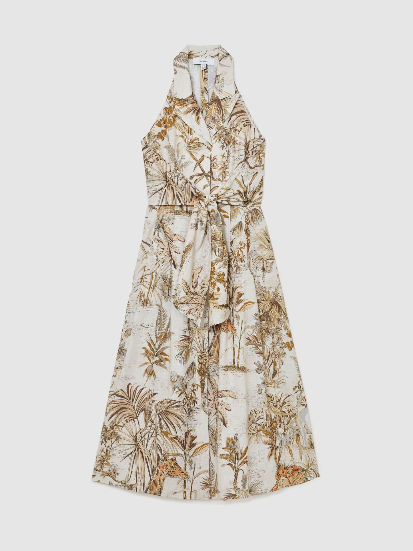 Cotton Safari-Print Tailored Midi Dress in Neutral