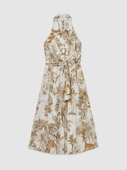Cotton Safari-Print Tailored Midi Dress in Neutral