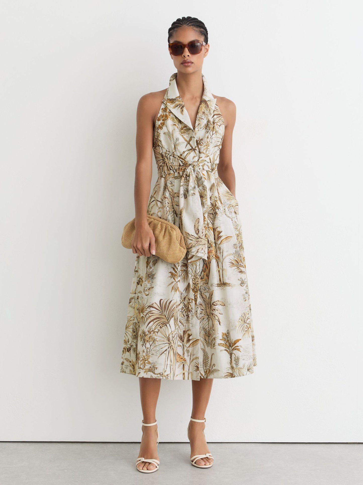 Cotton Safari-Print Tailored Midi Dress in Neutral