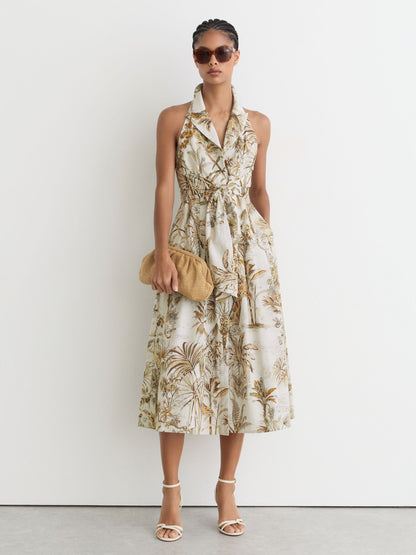 Cotton Safari-Print Tailored Midi Dress in Neutral