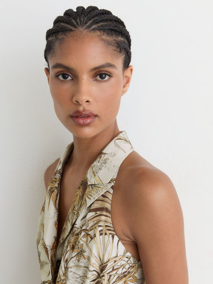 Cotton Safari-Print Tailored Midi Dress in Neutral