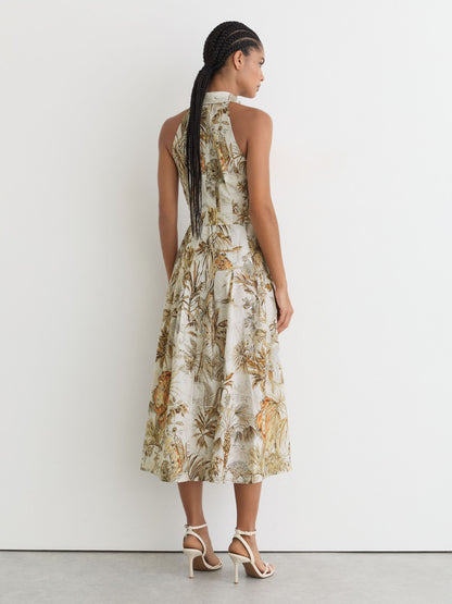 Cotton Safari-Print Tailored Midi Dress in Neutral