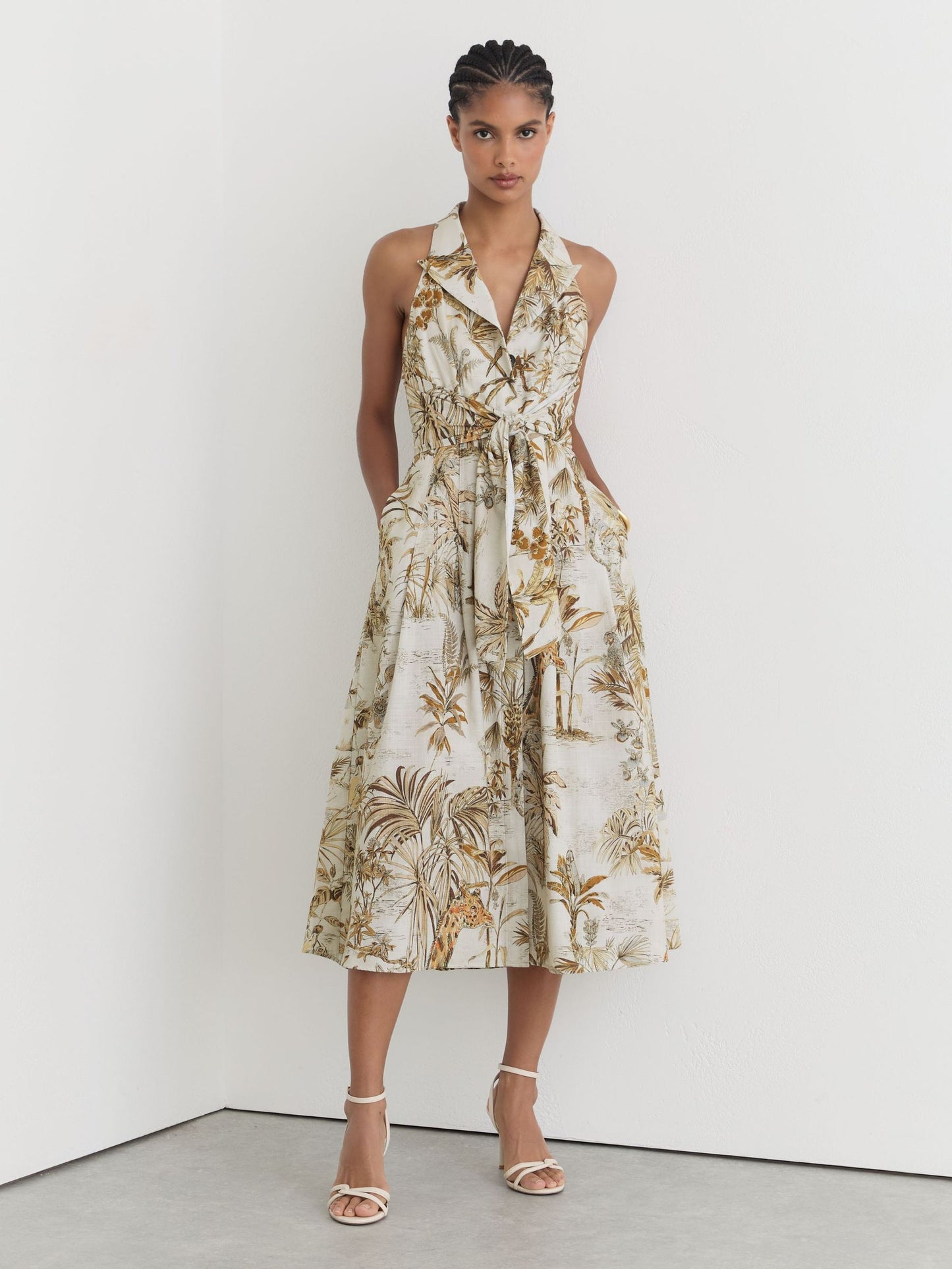 Cotton Safari-Print Tailored Midi Dress in Neutral