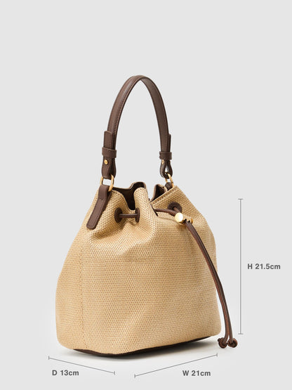 Raffia-Effect Drawcord Bucket Bag in Natural