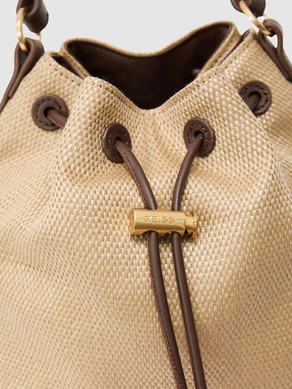 Raffia-Effect Drawcord Bucket Bag in Natural
