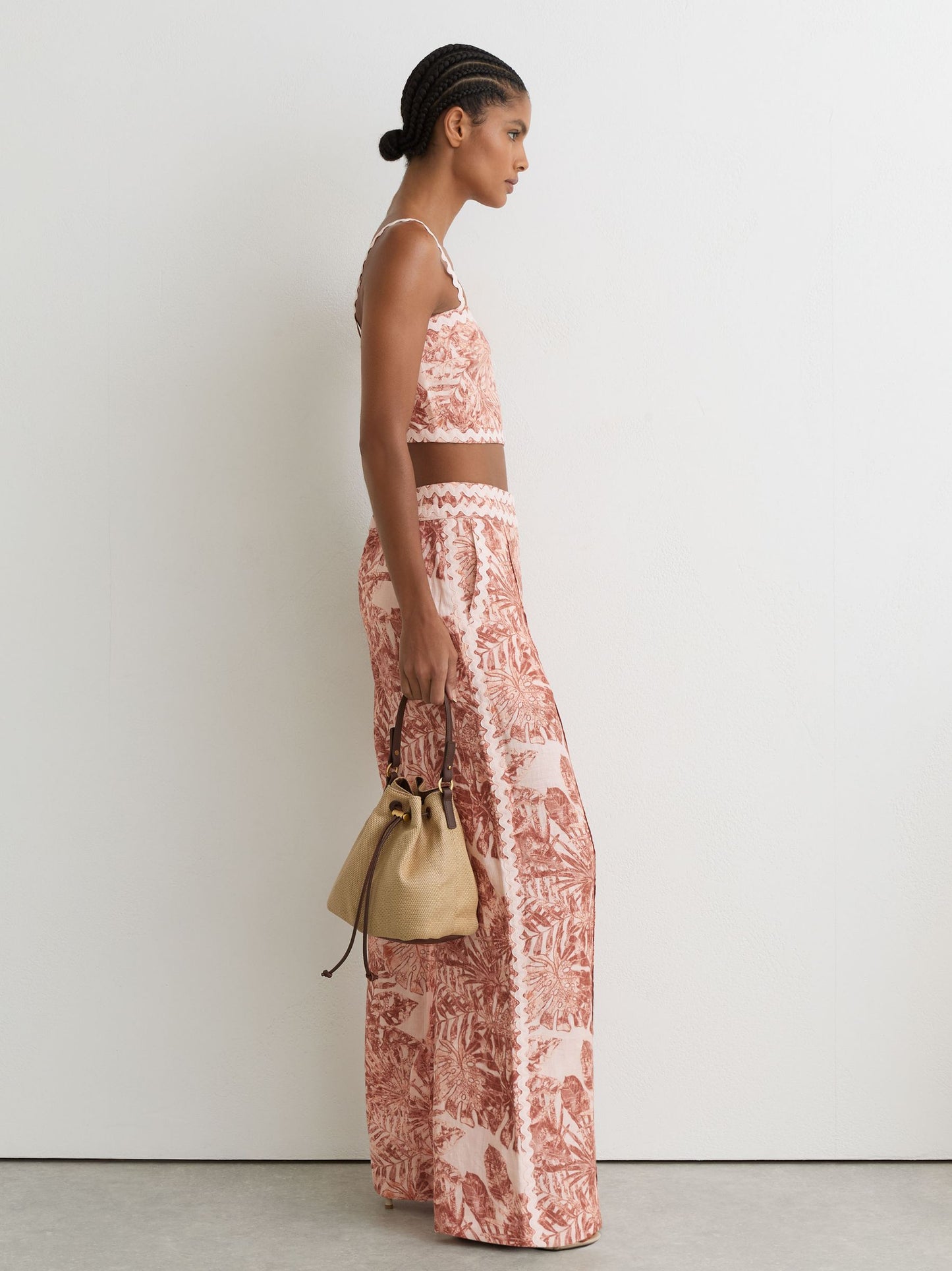 Linen Wave-Trim Printed Wide-Leg Trousers in Pale Pink