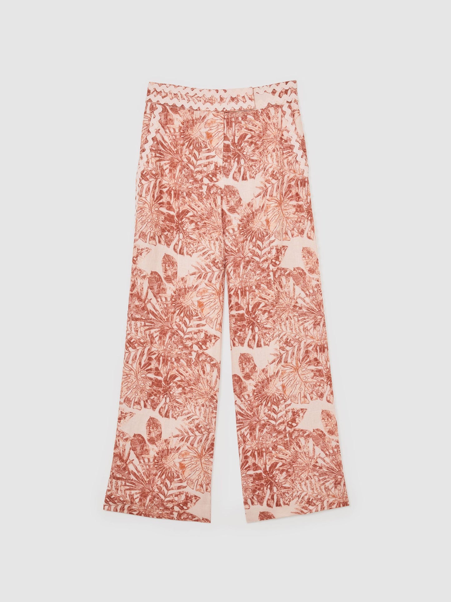 Linen Wave-Trim Printed Wide-Leg Trousers in Pale Pink