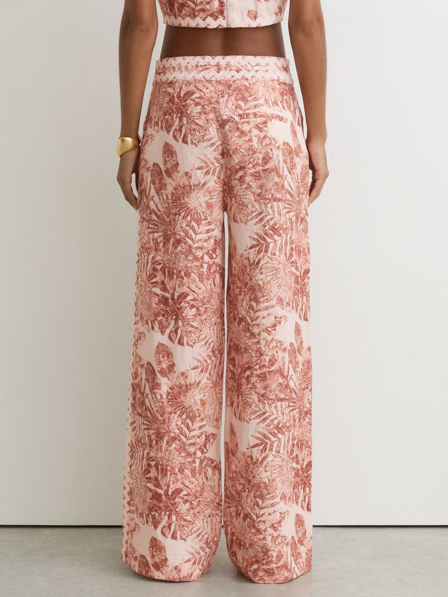 Linen Wave-Trim Printed Wide-Leg Trousers in Pale Pink