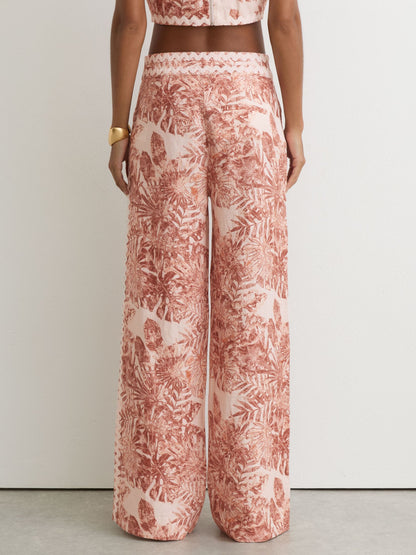 Linen Wave-Trim Printed Wide-Leg Trousers in Pale Pink
