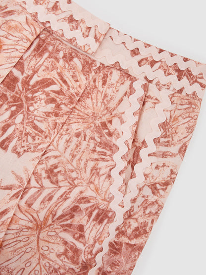 Linen Wave-Trim Printed Wide-Leg Trousers in Pale Pink