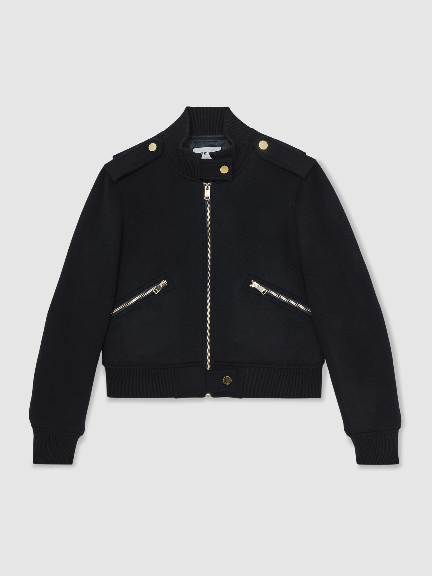 Brushed Wool Epaulette Bomber Jacket in Navy