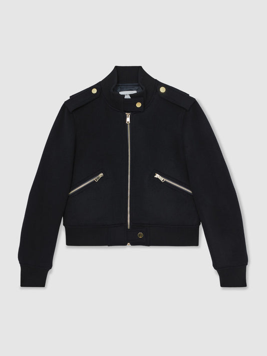 Brushed Wool Epaulette Bomber Jacket in Navy