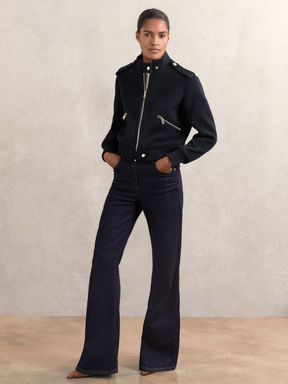 Brushed Wool Epaulette Bomber Jacket in Navy
