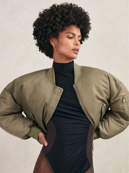 Reiss Technical Puffer Bomber Jacket in Khaki
