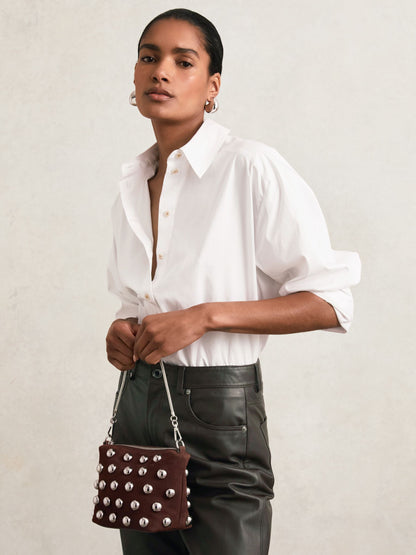 Suede Studded Shoulder Bag in Oxblood