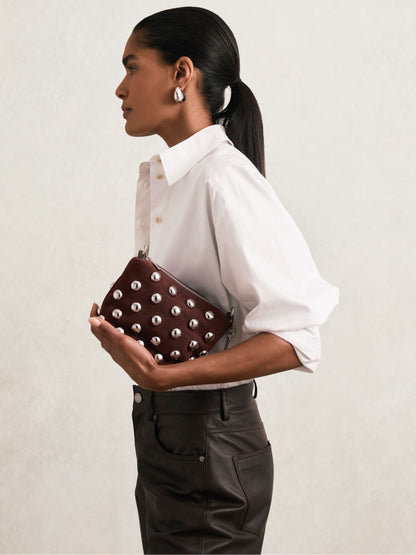 Suede Studded Shoulder Bag in Oxblood