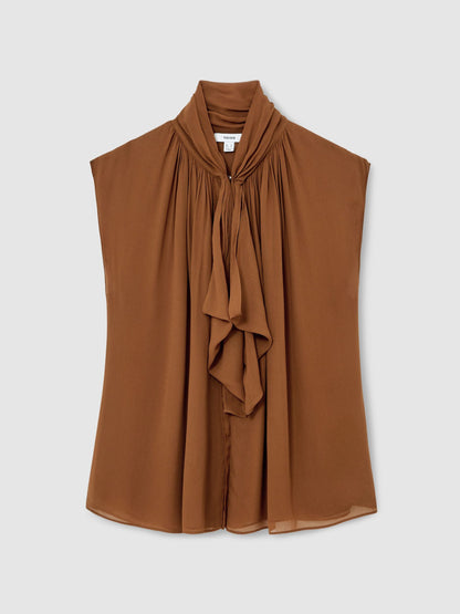Crepe-Chiffon Ruffle Sleeveless Top in Tan Brown