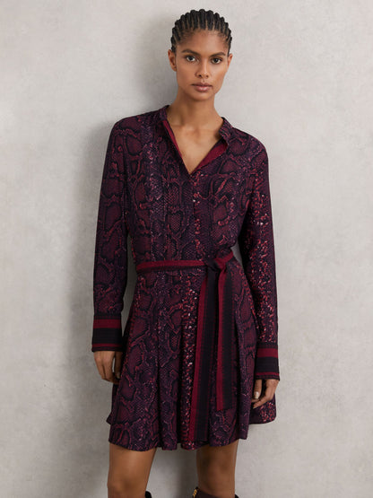 Snake-Print Belted Mini Dress in Burgundy/Black