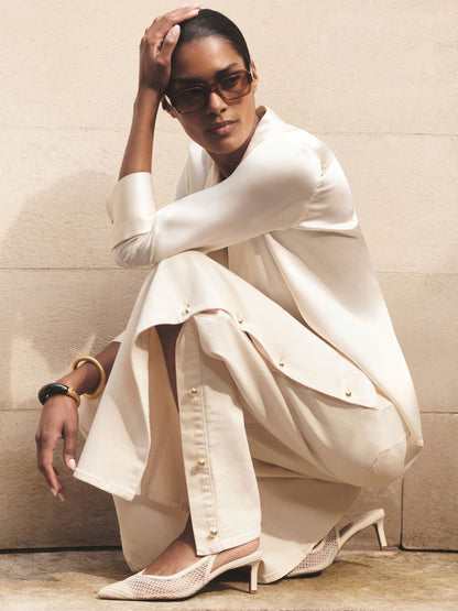 Reiss Side Button Wide Leg Jeans in Cream