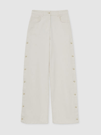 Reiss Side Button Wide Leg Jeans in Cream