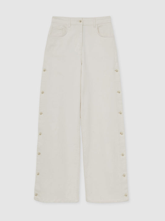 Reiss Side Button Wide Leg Jeans in Cream