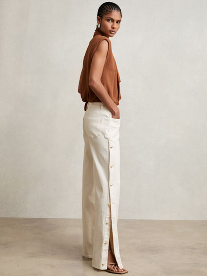 Reiss Side Button Wide Leg Jeans in Cream
