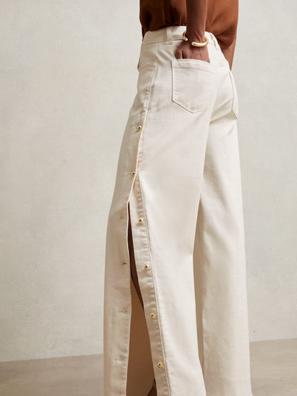 Reiss Side Button Wide Leg Jeans in Cream