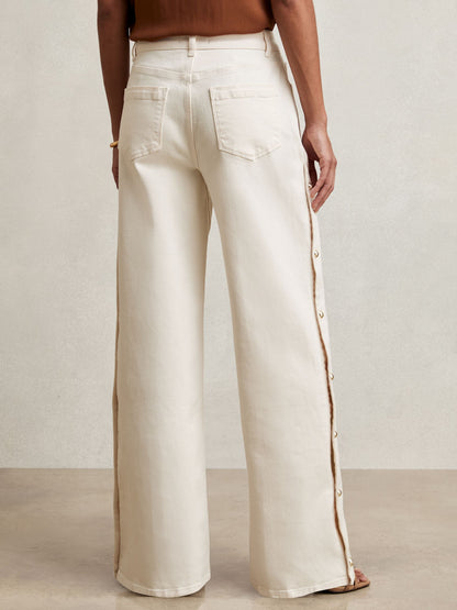 Reiss Side Button Wide Leg Jeans in Cream