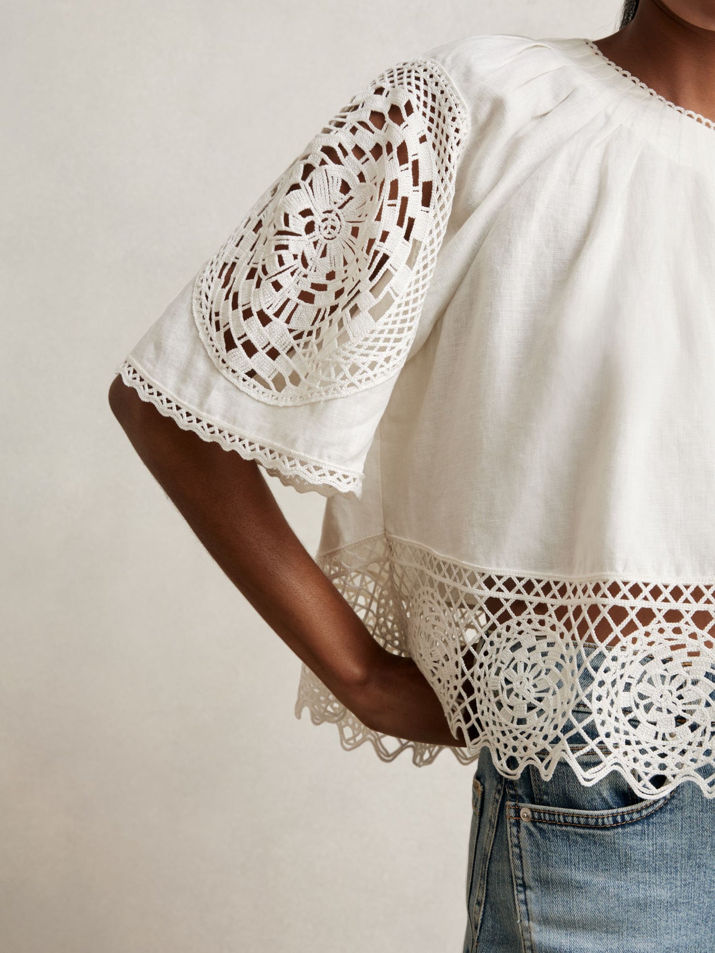 Linen Embroidered Swing Top in Ivory
