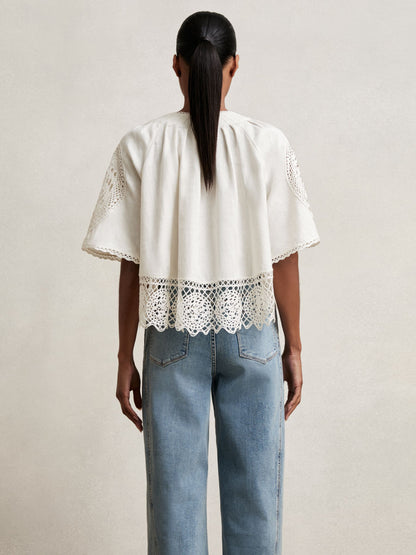 Linen Embroidered Swing Top in Ivory