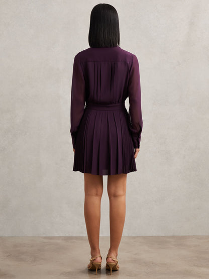 Pleated Sheer-Sleeve Mini Dress in Burgundy