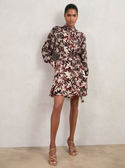 Printed Tie-Waist Flippy Mini Dress in Burgundy/Cream