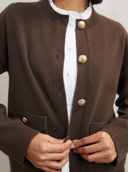 Wool-Cashmere Crew-Neck Cardigan in Chocolate Brown