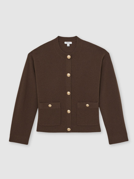 Wool-Cashmere Crew-Neck Cardigan in Chocolate Brown