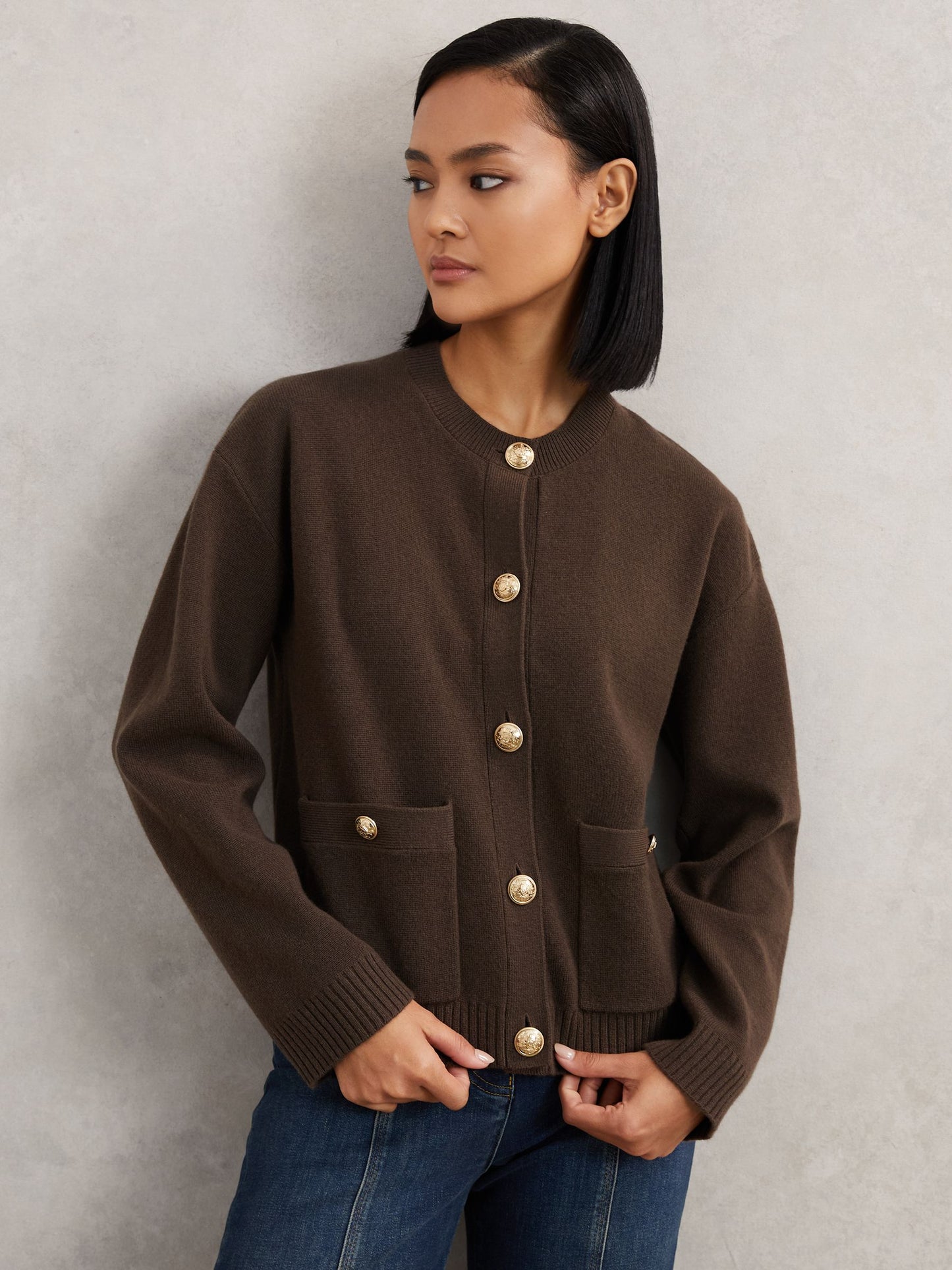 Wool-Cashmere Crew-Neck Cardigan in Chocolate Brown