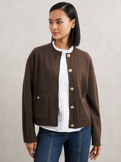 Wool-Cashmere Crew-Neck Cardigan in Chocolate Brown