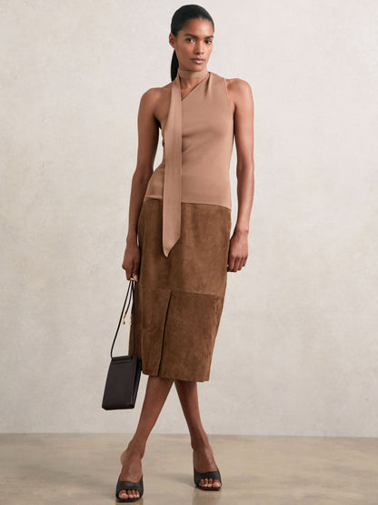 Suede Straight-Fit Midi Skirt in Tan Brown