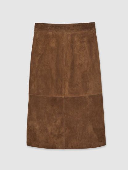 Suede Straight-Fit Midi Skirt in Tan Brown