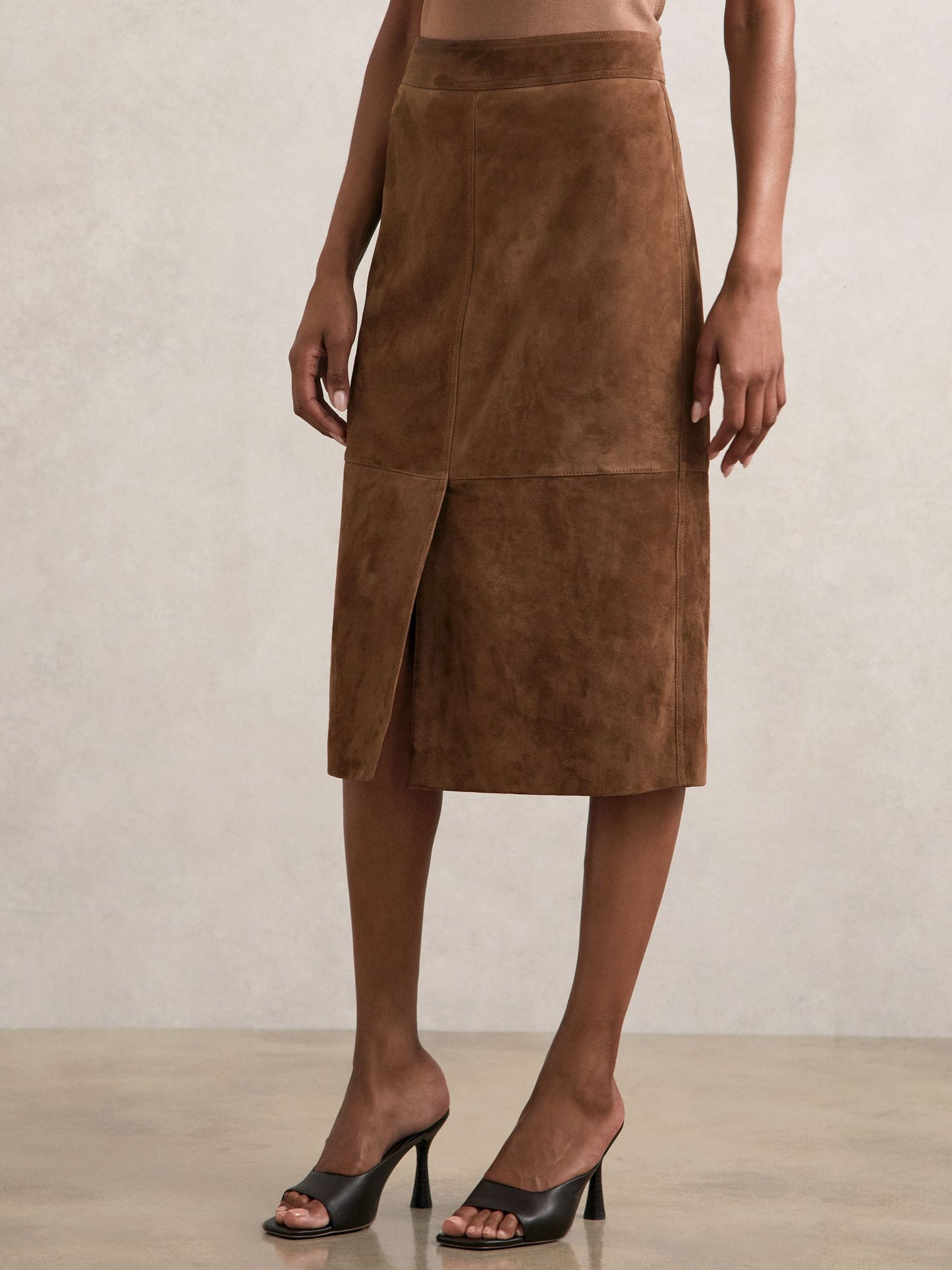 Suede Straight-Fit Midi Skirt in Tan Brown