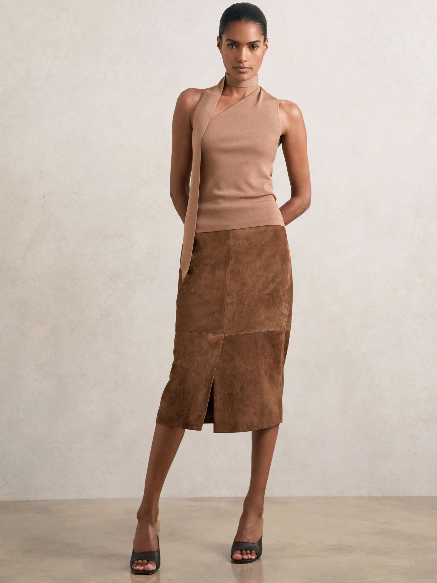 Suede Straight-Fit Midi Skirt in Tan Brown