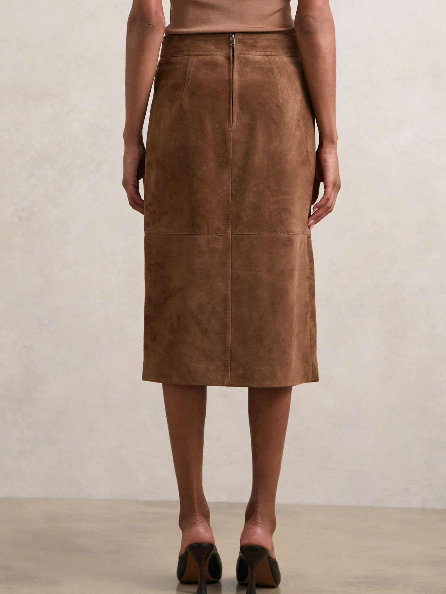 Suede Straight-Fit Midi Skirt in Tan Brown