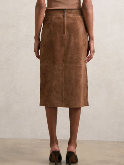 Suede Straight-Fit Midi Skirt in Tan Brown
