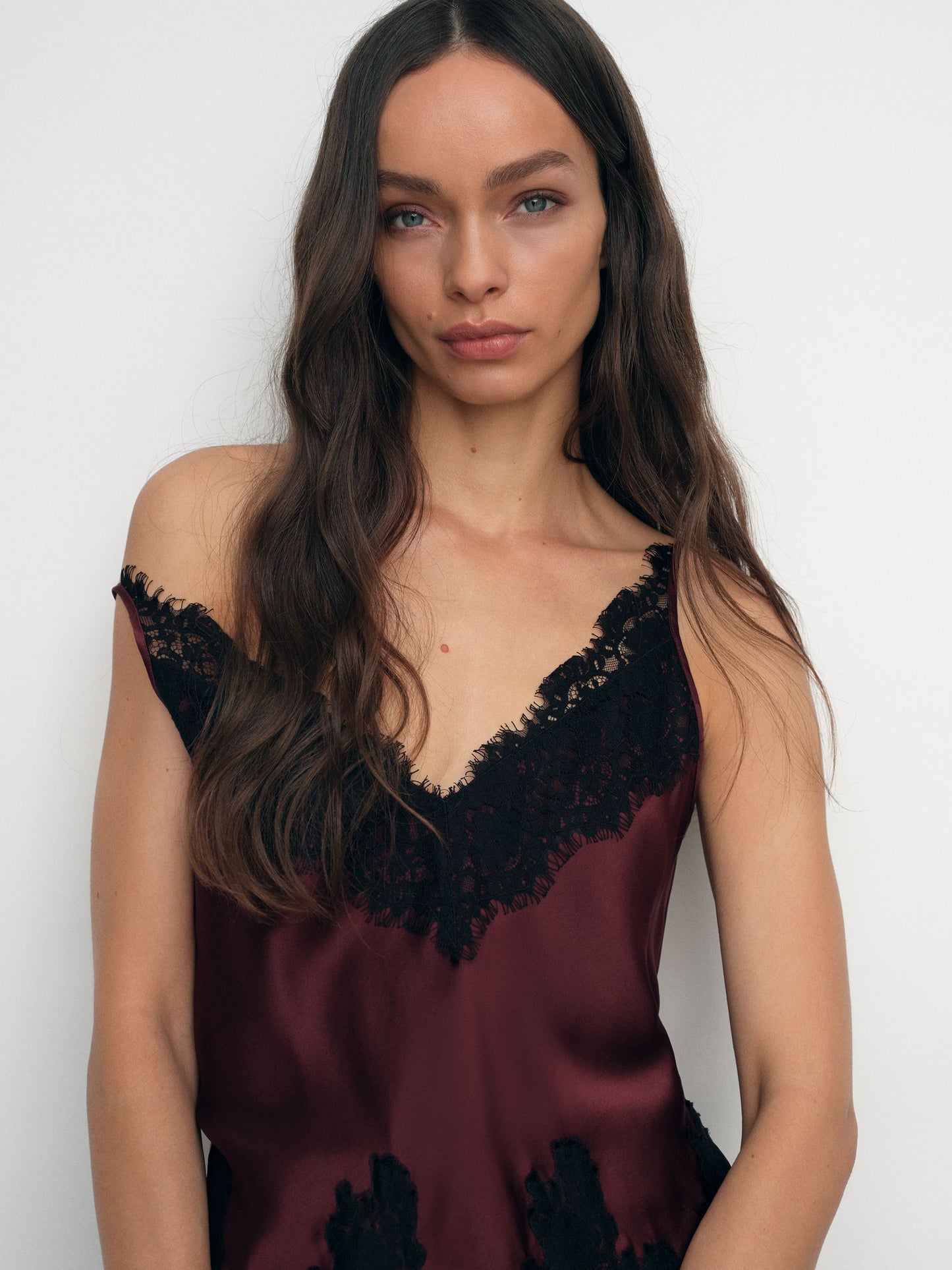 Silk Lace-Trim Cami Top in Burgundy