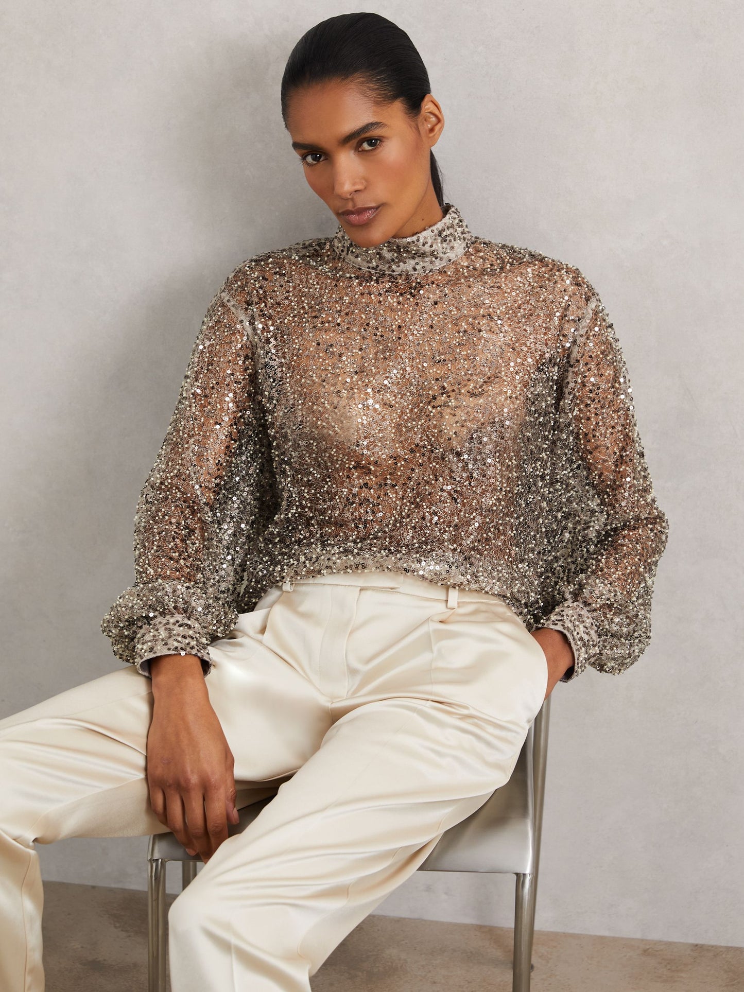 Reiss High-Neck Embellished Top in Silver