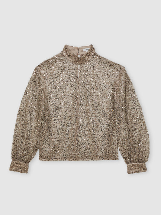 Reiss High-Neck Embellished Top in Silver