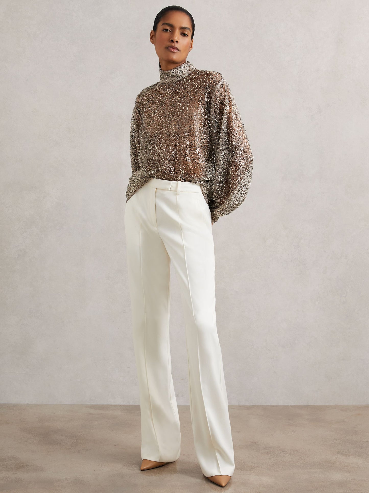Reiss High-Neck Embellished Top in Silver