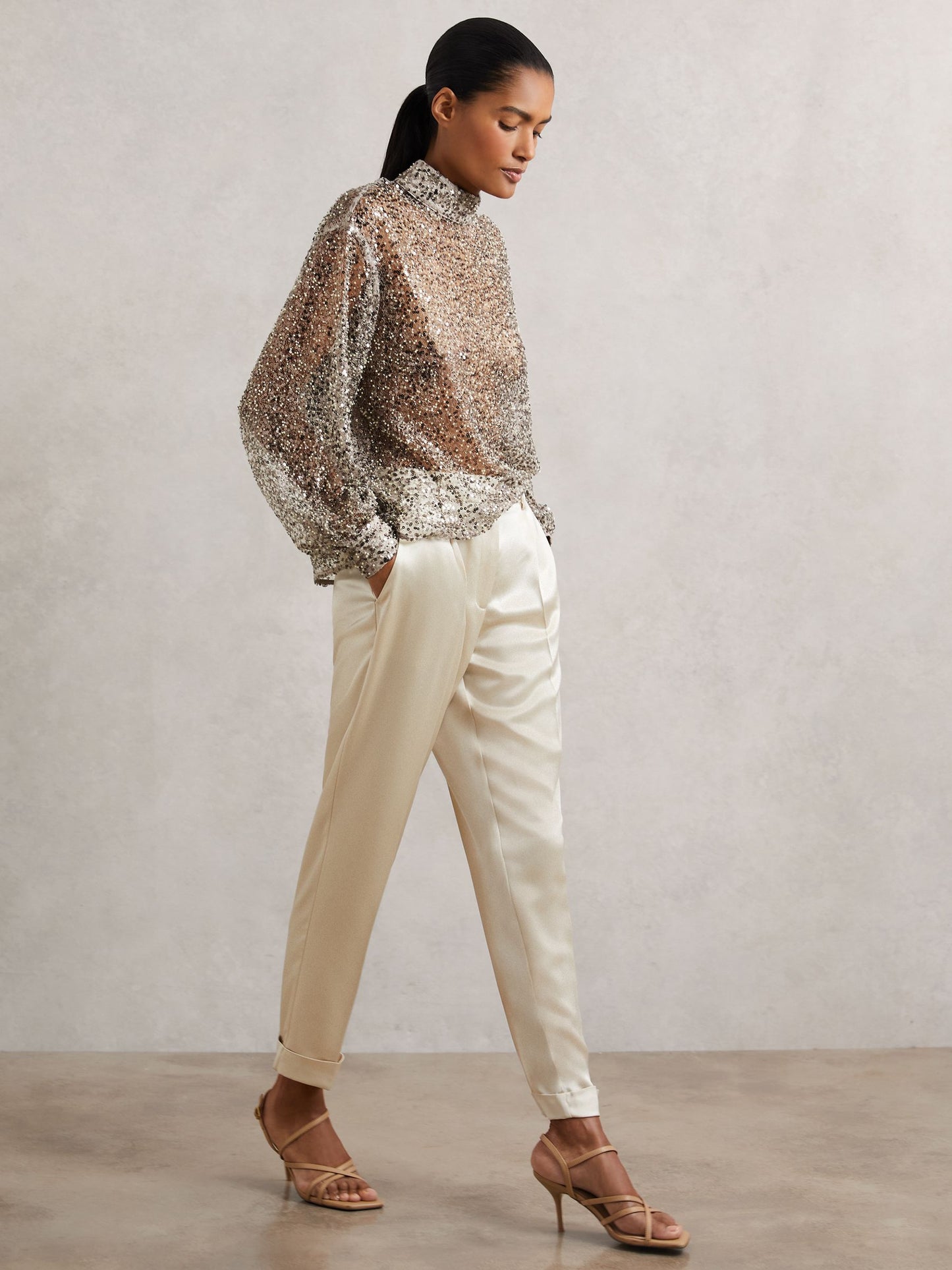 Reiss High-Neck Embellished Top in Silver